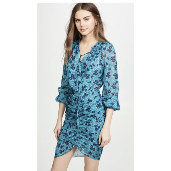 VERONICA BEARD Turquoise Blue Floral Print BECKY Silk Ruffle Ruched Dress - Picture 2 of 16